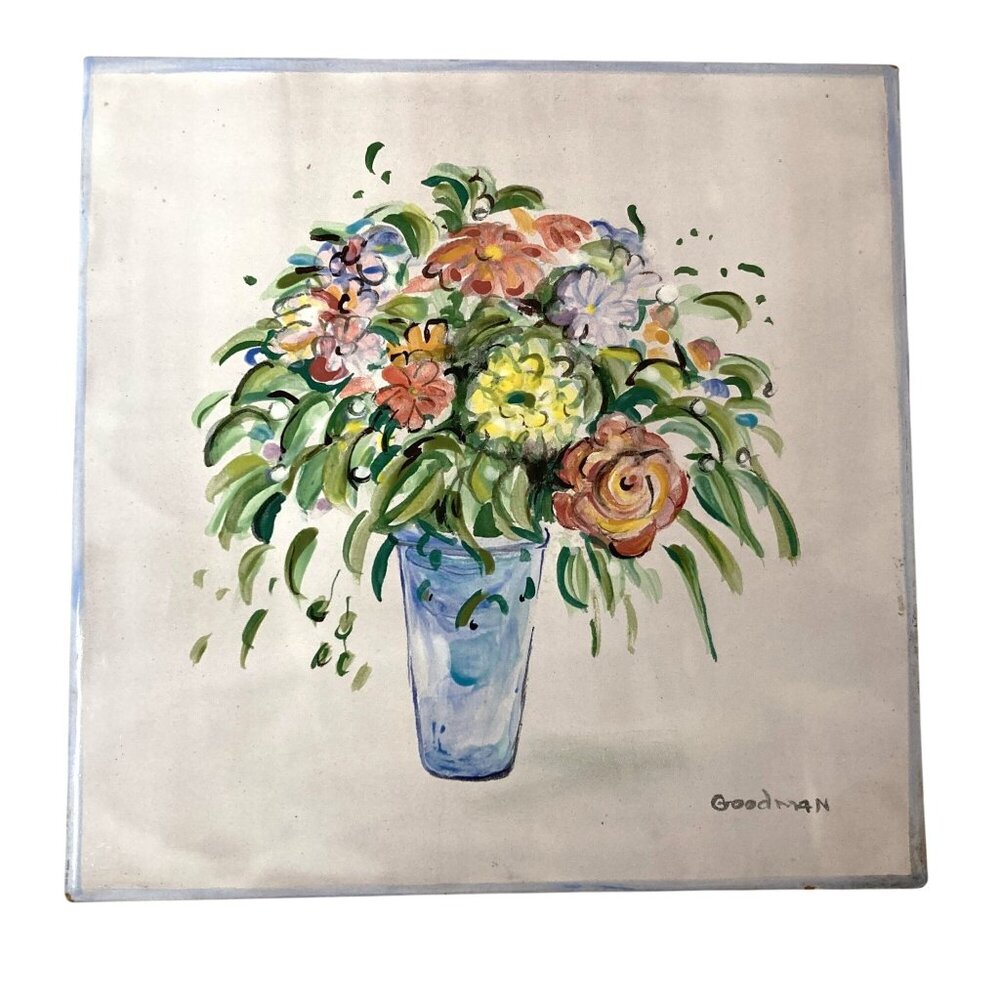 Hand-Painted Ceramic Tile  Floral Vase Art Supporto Bicottura Italy